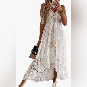NWT Lace Dresses Boho Tassel V-Neck Flare Ruffle Adjustable Straps Maxi Dress